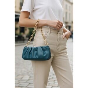 A New Day Ruched Shoulder Bag Teal Gold Chain Evening Clutch Wristlet